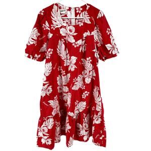 Vintage Helena's Mumu Floral Midi Dress Hawaiian Tropical Puff Sleeve Red Medium